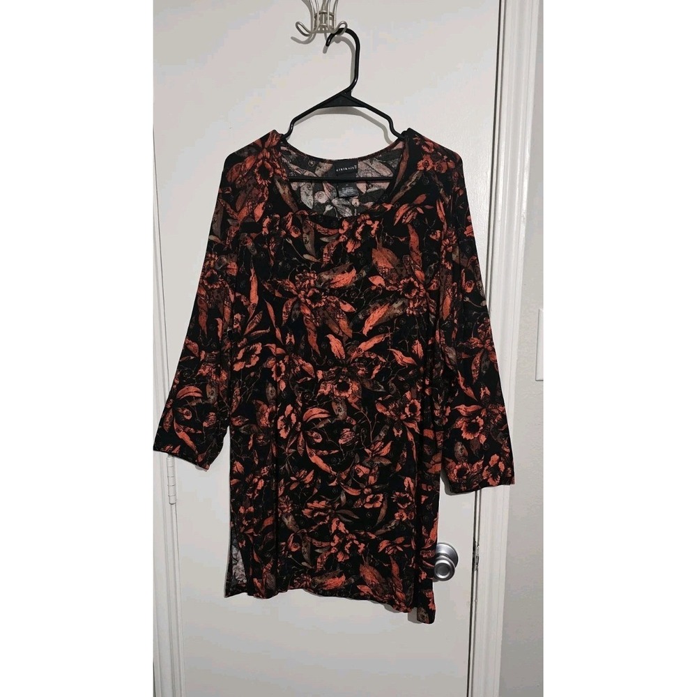 CITIKNITS liquid knit top size XL Assymetrical Floral Birds Black Boho Artsy